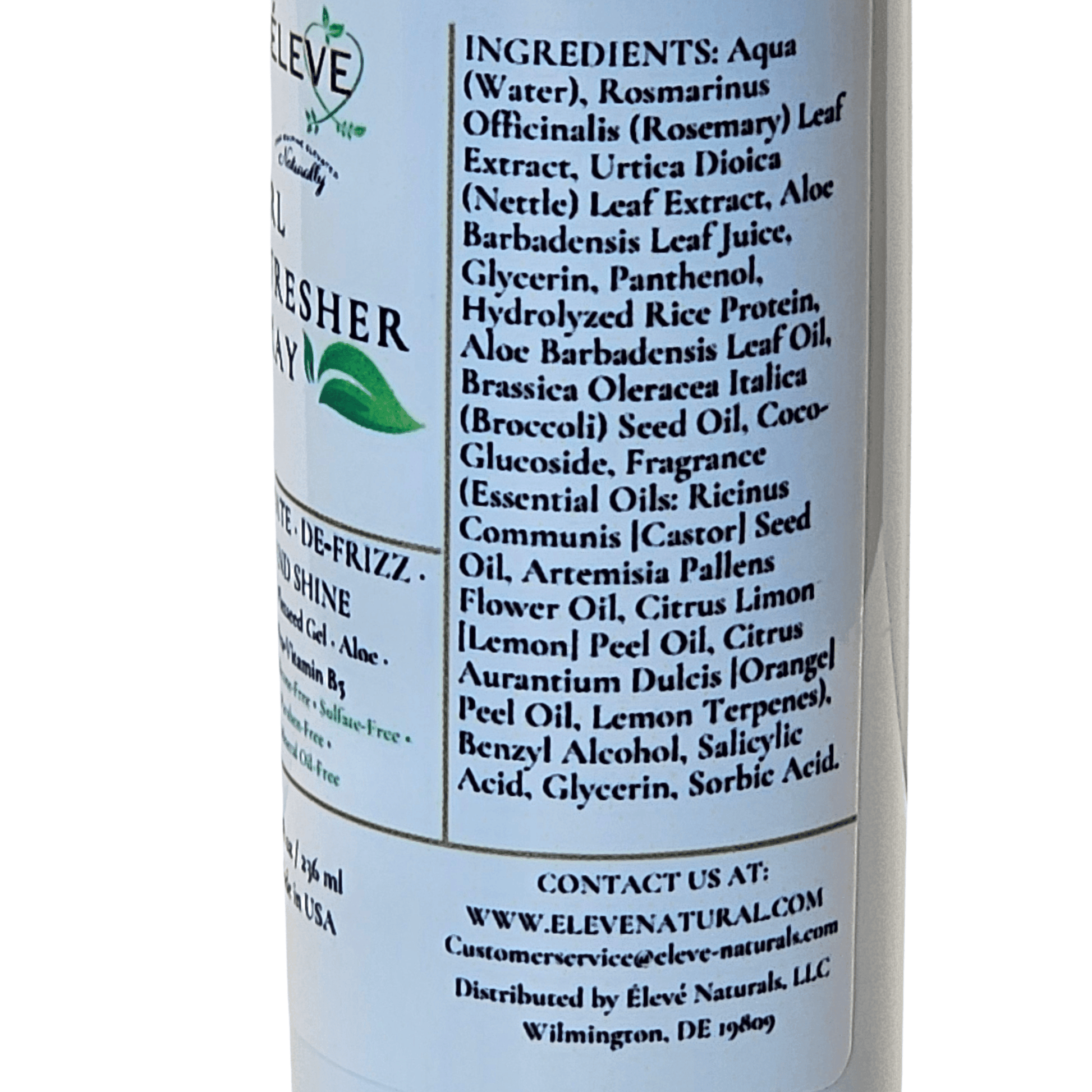 Back label of Curl Refresher bottle  with ingredient list and branding on a white background