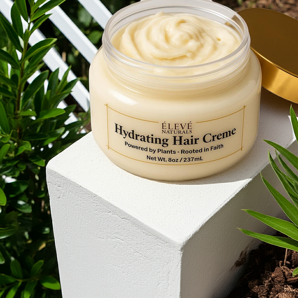 Jar of Elevé Naturals Hydrating Hair Creme on a white block with greenery in the background